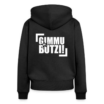 GIMMU DIE BUTZI! - Frauen Premium Bio Zip Hoodie - Schwarz - Hinten - Julia (174cm)