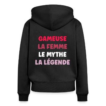 La femme le mythe la légende gameuse - Sweat à capuche zippé Premium bio Femme - noir - Dos - Julia (174cm)