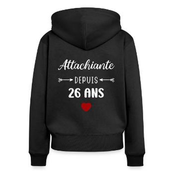 Attachiante depuis 26 ans - Sweat à capuche zippé Premium bio Femme - noir - Dos - Julia (174cm)