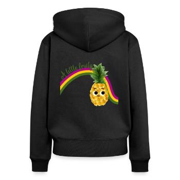 Ananas doux avec arc-en-ciel et texte Restez fruité - Sweat à capuche zippé Premium bio Femme - noir - Dos - Julia (174cm)