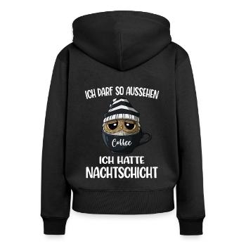 Eule Kaffee Sprüche Ich Darf So Aussehen - Frauen Premium Bio Zip Hoodie - Schwarz - Hinten - Julia (174cm)