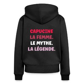 La femme le mythe la légende capucine - Sweat à capuche zippé Premium bio Femme - noir - Dos - Julia (174cm)
