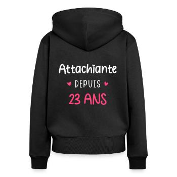 Attachiante depuis 23 ans - Sweat à capuche zippé Premium bio Femme - noir - Dos - Julia (174cm)