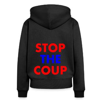stop the coup - Frauen Premium Bio Zip Hoodie - Schwarz - Hinten - Julia (174cm)
