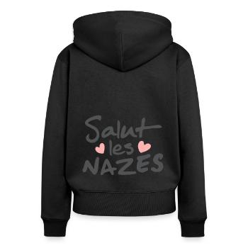Salut les nazes - Phrase drôle - Sweat à capuche zippé Premium bio Femme - noir - Dos - Julia (174cm)