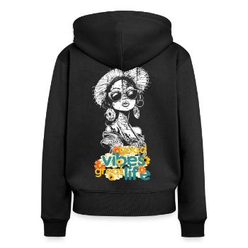 Femme Good Vibe Fleurs - Sweat à capuche zippé Premium bio Femme - noir - Dos - Julia (174cm)