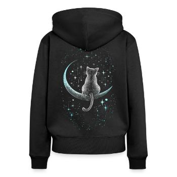 Chaton chat assis sur la lune sous les étoiles - Sweat à capuche zippé Premium bio Femme - noir - Dos - Julia (174cm)