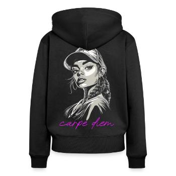 Carpe diem belle femme latina - Sweat à capuche zippé Premium bio Femme - noir - Dos - Julia (174cm)