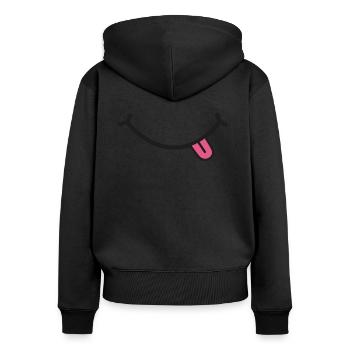 Zunge raus - Lächeln - Frauen Premium Bio Zip Hoodie - Schwarz - Hinten - Julia (174cm)