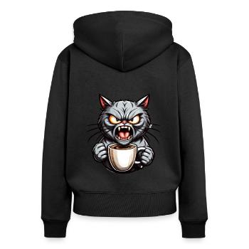 Graue Katze mit Kaffee - Frauen Premium Bio Zip Hoodie - Schwarz - Hinten - Julia (174cm)