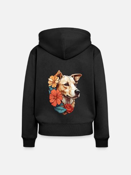 Hund mit bunten Blumen - Frauen Premium Bio Zip Hoodie - Schwarz