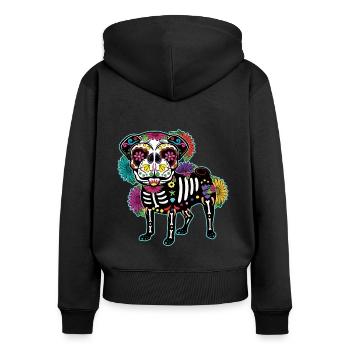 Mops Blumen Skelett Muertos Tag Des Toten Halloween - Frauen Premium Bio Zip Hoodie - Schwarz - Hinten - Julia (174cm)