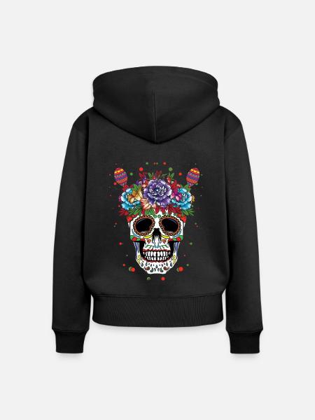 Bunte Totenkopf-Kunst Mit Blumen - Frauen Premium Bio Zip Hoodie - Schwarz