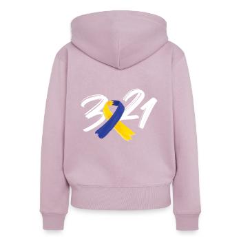 Syndrome de Down 321 Ruban Bleu Jaune - Sweat à capuche zippé Premium bio Femme - rose poudré - Dos - Julia (174cm)