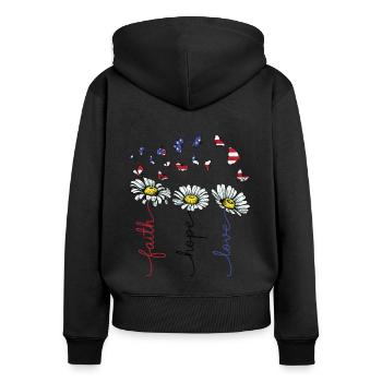 Faith Hope Love Daisy Flowers USA Flag Butterflies - Women's Premium Organic Zip Hoodie - black - Back - Julia (174cm)
