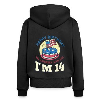 US America Flag Cake Naissance Age 14 USA 4 juillet - Sweat à capuche zippé Premium bio Femme - noir - Dos - Julia (174cm)