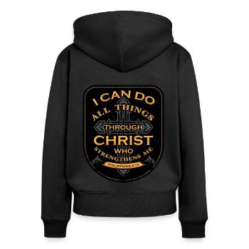Je peux tout faire par Christ qui fortifie - Sweat à capuche zippé Premium bio Femme - noir - Dos - Julia (174cm)