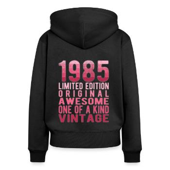 Edition limitée depuis 1985 Anniversaire Millésime 1985 - Sweat à capuche zippé Premium bio Femme - noir - Dos - Julia (174cm)