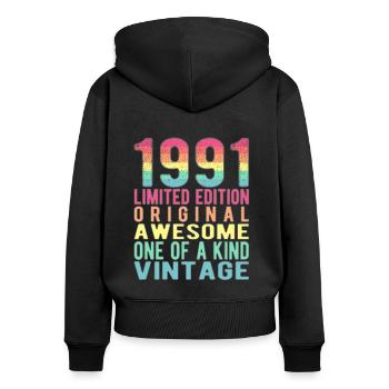 Edition limitée depuis 1991 Anniversaire Millésime 1991 - Sweat à capuche zippé Premium bio Femme - noir - Dos - Julia (174cm)