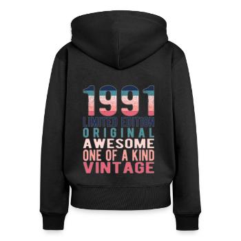 Edition limitée depuis 1991 Anniversaire Millésime 1991 - Sweat à capuche zippé Premium bio Femme - noir - Dos - Julia (174cm)