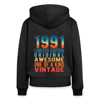 Edition limitée depuis 1991 Anniversaire Millésime 1991 - Sweat à capuche zippé Premium bio Femme - noir - Dos - Julia (174cm)