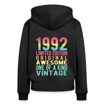 Edition limitée depuis 1992 Anniversaire Millésime 1992 - Sweat à capuche zippé Premium bio Femme - noir - Dos - Julia (174cm)