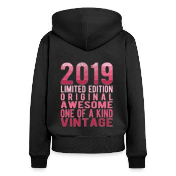 Edition limitée depuis 2019 Anniversaire Millésime 2019 - Sweat à capuche zippé Premium bio Femme - noir - Dos - Julia (174cm)