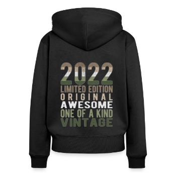 Edition limitée depuis 2022 Anniversaire Millésime 2022 - Sweat à capuche zippé Premium bio Femme - noir - Dos - Julia (174cm)