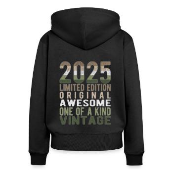Edition limitée depuis 2025 Anniversaire Millésime 2025 - Sweat à capuche zippé Premium bio Femme - noir - Dos - Julia (174cm)