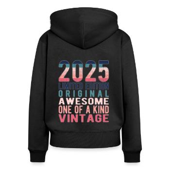 Edition limitée depuis 2025 Anniversaire Millésime 2025 - Sweat à capuche zippé Premium bio Femme - noir - Dos - Julia (174cm)