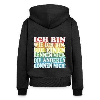 Ich bin wie ich bin - Adenauer Zitat in 3D Text - Frauen Premium Bio Zip Hoodie - Schwarz - Hinten - Julia (174cm)