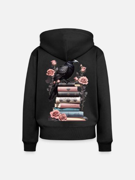 Bücherstapel mit Rabe - Frauen Premium Bio Zip Hoodie - Schwarz