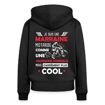 Marraine fille cadeau drôle femme moto motarde - Sweat à capuche zippé Premium bio Femme - noir - Dos - Julia (174cm)