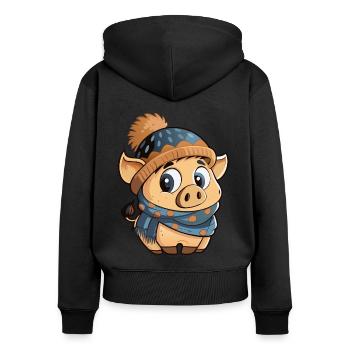 Cute pig with scarf and bobble hat. - Women's Premium Organic Zip Hoodie - black - Back - Julia (174cm)