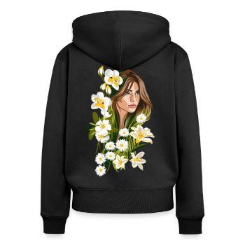 BELIA Illustration Frau mit weißen Blumen - Frauen Premium Bio Zip Hoodie - Schwarz - Hinten - Julia (174cm)