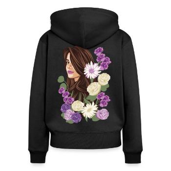 VIOLET Femme Illustration Fleurs Violettes Et Blanches - Sweat à capuche zippé Premium bio Femme - noir - Dos - Julia (174cm)
