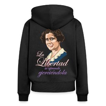 Clara Campoamor - Sweat à capuche zippé Premium bio Femme - noir - Dos - Julia (174cm)