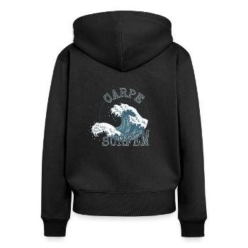 Carpe Surfem ! Profitez de la vague ! Carpe Diem Surfer - Sweat à capuche zippé Premium bio Femme - noir - Dos - Julia (174cm)