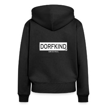 DORFKIND Original - Wir vom Dorf und stolz darauf - Frauen Premium Bio Zip Hoodie - Schwarz - Hinten - Julia (174cm)