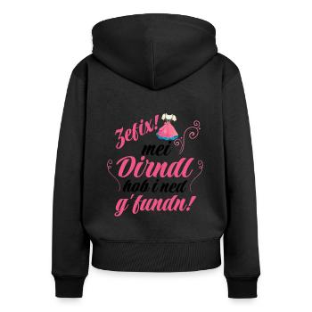 Dirndl | Mei Dirndl hob i ned g'fundn - Frauen Premium Bio Zip Hoodie - Schwarz - Hinten - Julia (174cm)