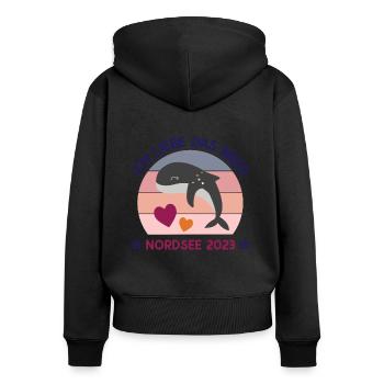 Nordsee Urlaub 2023 Ich liebe das Meer Wale - Frauen Premium Bio Zip Hoodie - Schwarz - Hinten - Julia (174cm)