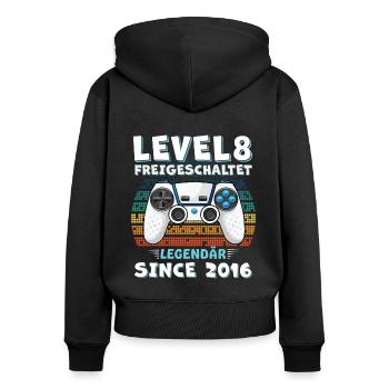 8 Geburtstag - Frauen Premium Bio Zip Hoodie - Schwarz - Hinten - Julia (174cm)
