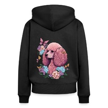 Rosa Pudel mit Blumen, Schmetterlingen, Retro Stil - Frauen Premium Bio Zip Hoodie - Schwarz - Hinten - Julia (174cm)