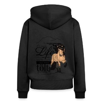 Braunfalbe Isländer: It‘s my life - Frauen Premium Bio Zip Hoodie - Schwarz - Hinten - Julia (174cm)