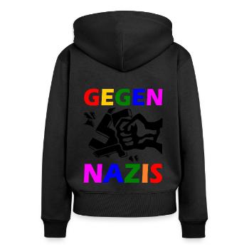Gegen nazis - Frauen Premium Bio Zip Hoodie - Schwarz - Hinten - Julia (174cm)
