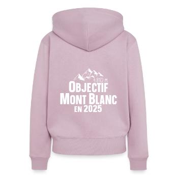 2025 Mont Blanc Montagne France Suisse Italie - Sweat à capuche zippé Premium bio Femme - rose poudré - Dos - Julia (174cm)