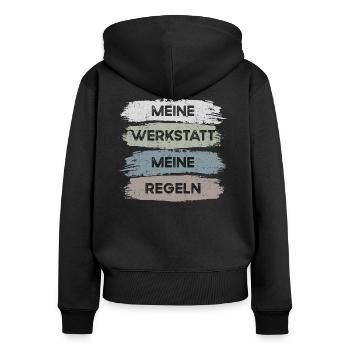 Meine Werkstatt - Frauen Premium Bio Zip Hoodie - Schwarz - Hinten - Julia (174cm)