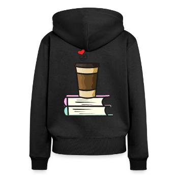 Café thé et livres avec coeur - Sweat à capuche zippé Premium bio Femme - noir - Dos - Julia (174cm)