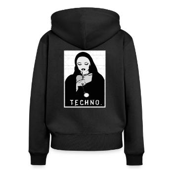 Techno nonne RAVER - Frauen Premium Bio Zip Hoodie - Schwarz - Hinten - Julia (174cm)