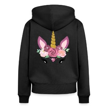 Visage de licorne avec des fleurs pour dames enfants - Sweat à capuche zippé Premium bio Femme - noir - Dos - Julia (174cm)